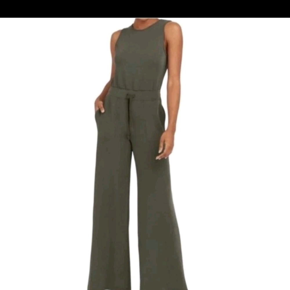 Spanx AirLuxe AirEssentials Sleeveless Wide Leg Jumpsuit Olive Green Pockets! 1x